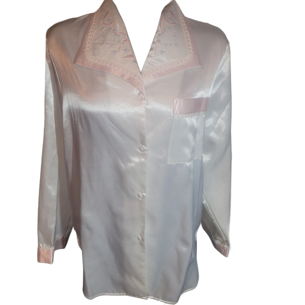 Carroll Reed White Satin 2 Piece Pajama Set with Pink Trim Size M